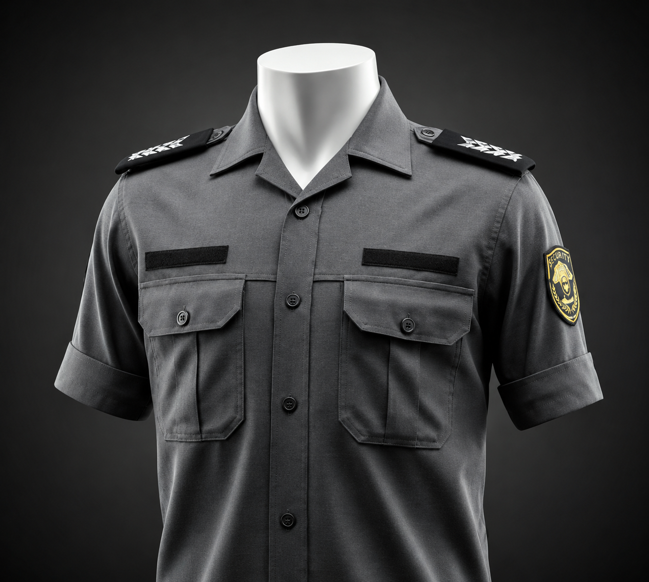 Security uniform shirt on mannequin, grey with epaulettes